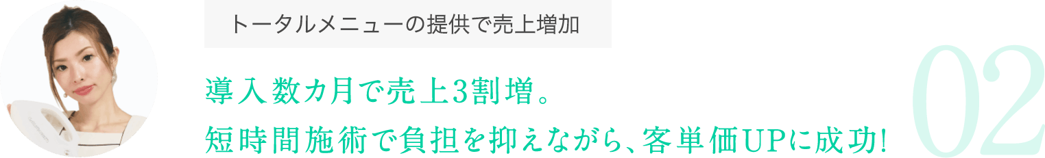 トータルメニューの提供で売上増加:導入数カ月で売上3割増。短時間施術で負担を抑えながら、客単価UPに成功！